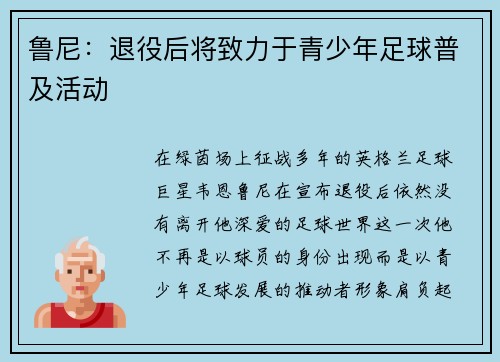 鲁尼：退役后将致力于青少年足球普及活动