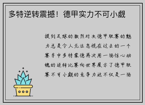 多特逆转震撼!德甲实力不可小觑 多特逆转震撼!德甲实力不可小觑