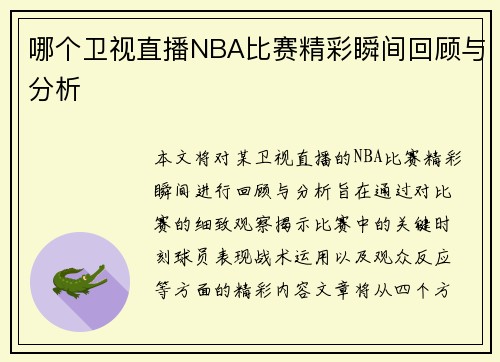 哪个卫视直播NBA比赛精彩瞬间回顾与分析